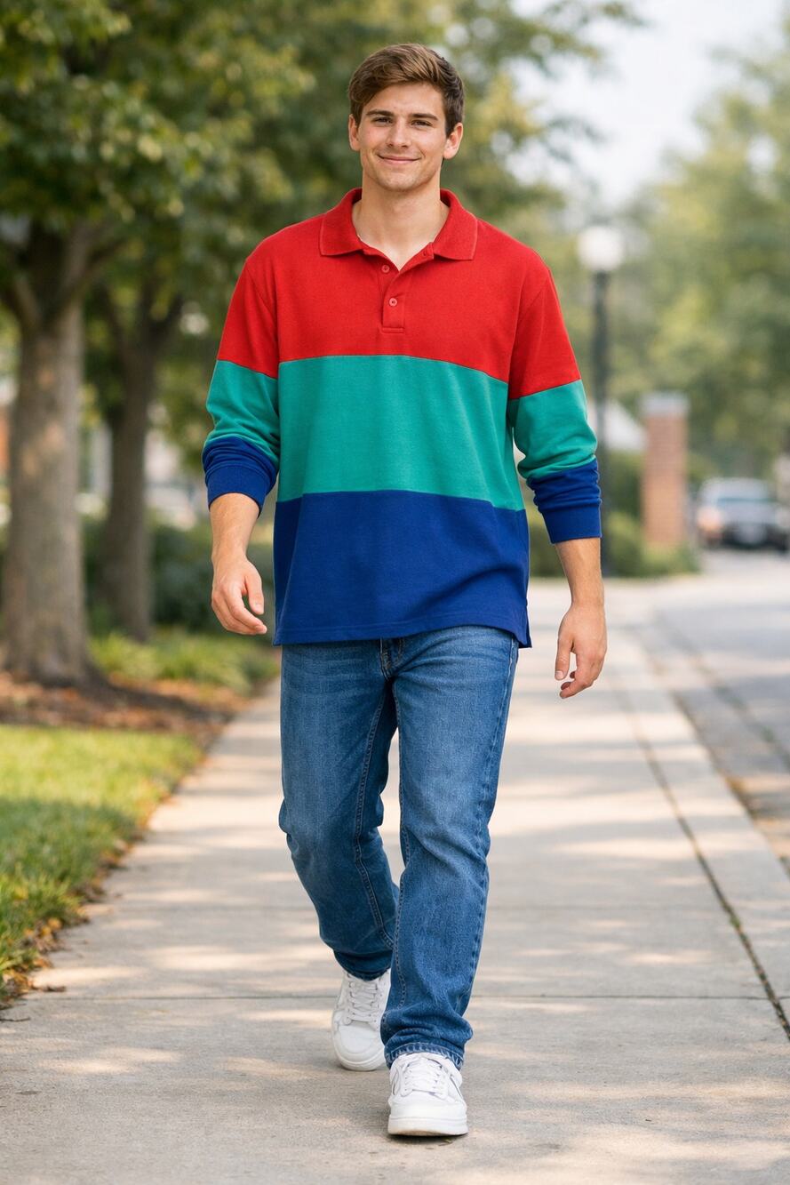 Colorblock Red Blue Green Polo Long Sleeves Sz Large Retro Preppy
